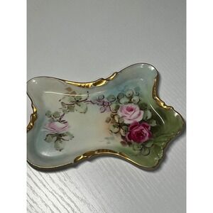 Antique Hand Painted Porcelain‎ Trinket Dish Roses Gilded Rim France